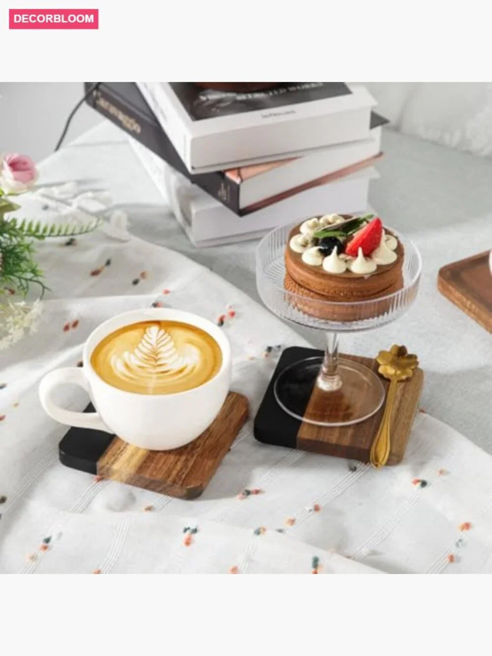 Set of 4 Square Wooden Marble Coasters, Non-Slip for Mugs Glasses, Home Bar